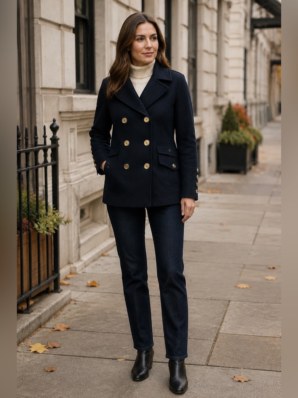 Michael Kors Double-Breasted Navy Blue Peacoat with Gold Buttons
